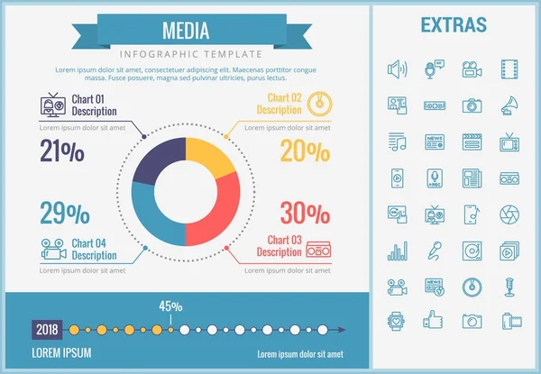 Infographic mediasjabloon, elementen en pictogrammen. — Stockvector