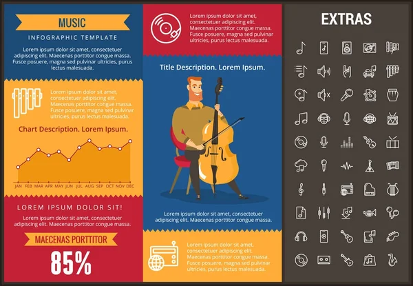 Muziek infographic sjabloon, elementen en pictogrammen. — Stockvector