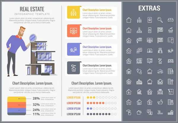 Vastgoed infographic sjabloon, elementen, pictogrammen. — Stockvector