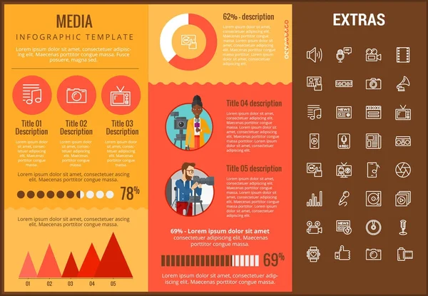 Plantilla de infografía de medios, elementos e iconos . — Vector de stock