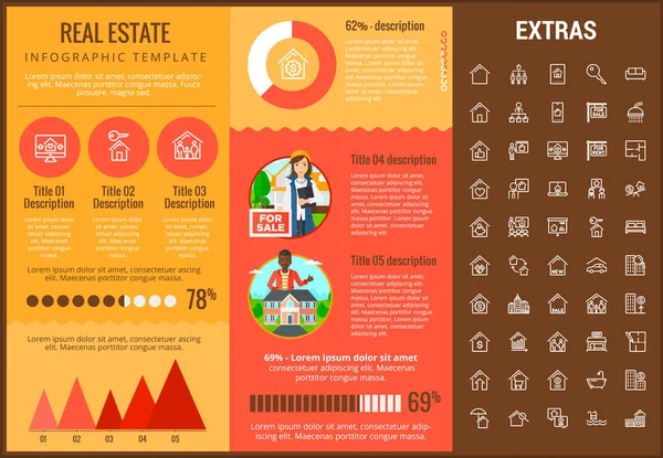 Vastgoed infographic sjabloon, elementen, pictogrammen. — Stockvector