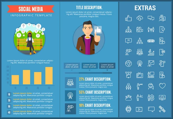 Sociale media infographic sjabloon, elementen, pictogrammen — Stockvector