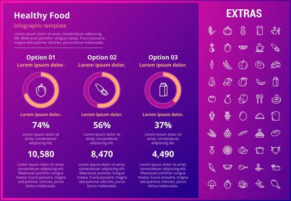 Modelo infográfico de comida saudável, elementos, ícones — Vetor de Stock