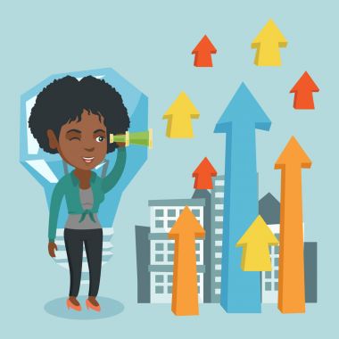 Oklar yükseltme üzerinde spyglass aracılığıyla arayan kadın.