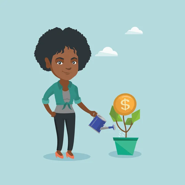 Africano mulher de negócios molhando flor dinheiro . — Vetor de Stock