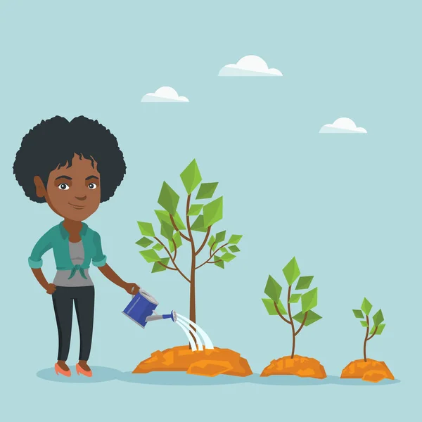 Joven mujer de negocios africana regando árboles . — Vector de stock