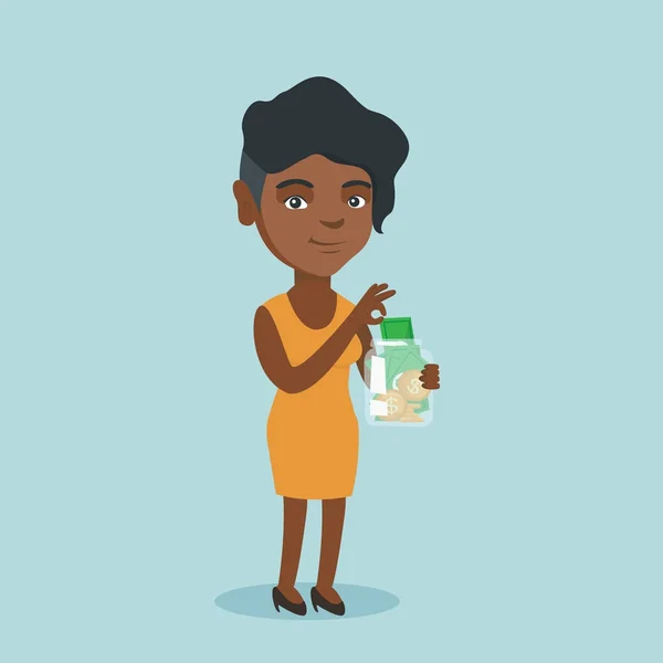 Femme africaine mettre dollar dans un bocal en verre . — Image vectorielle