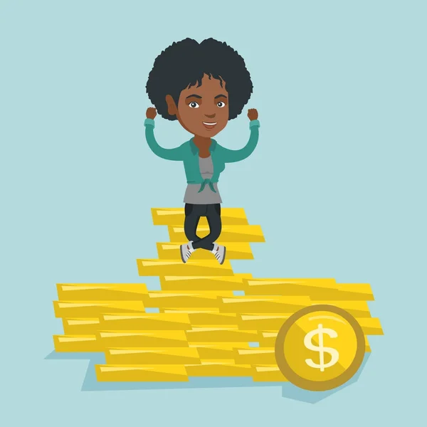 Afryki biznes kobieta siedzi na złote monety. — Wektor stockowy