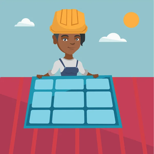 Young african constructor installing solar panel. — Stock Vector