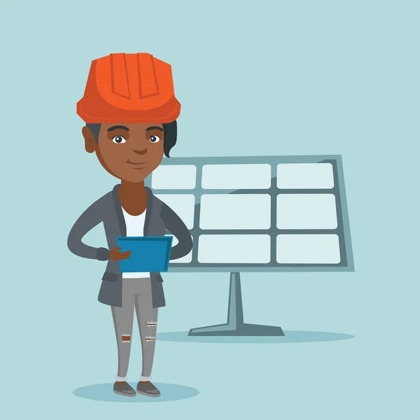 Trabajador de planta de energía solar usando una tableta digital — Vector de stock