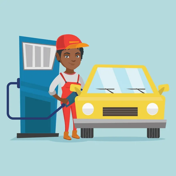 Afrikanska arbetare av bensinstation tanka en bil. — Stock vektor