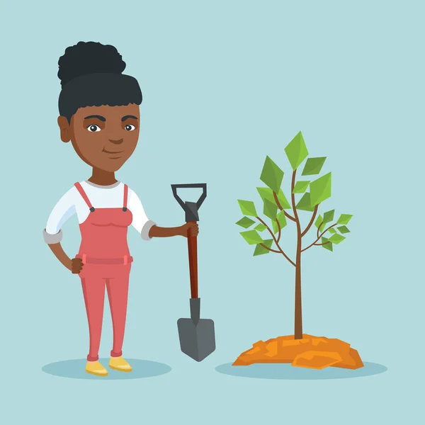 Joven mujer afroamericana plantando un árbol . — Vector de stock