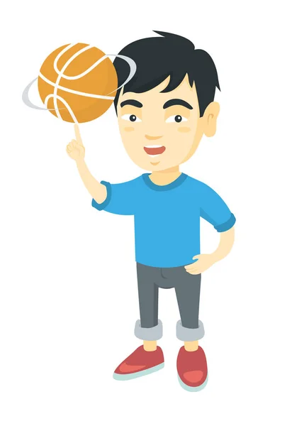 Aziatische jongen spinnen basketbal bal op vinger. — Stockvector