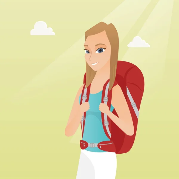Jeune voyageur caucasien femme avec un sac à dos . — Image vectorielle