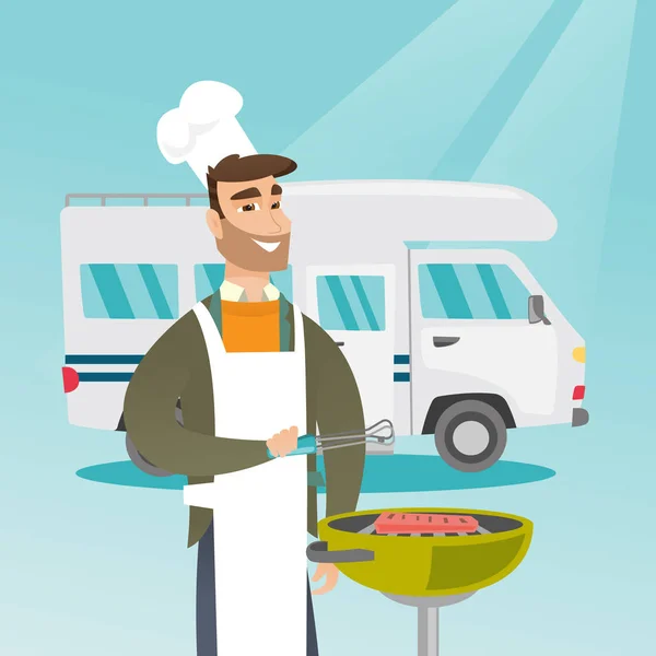 Jeune homme barbecue viande en face de camping-car . — Image vectorielle