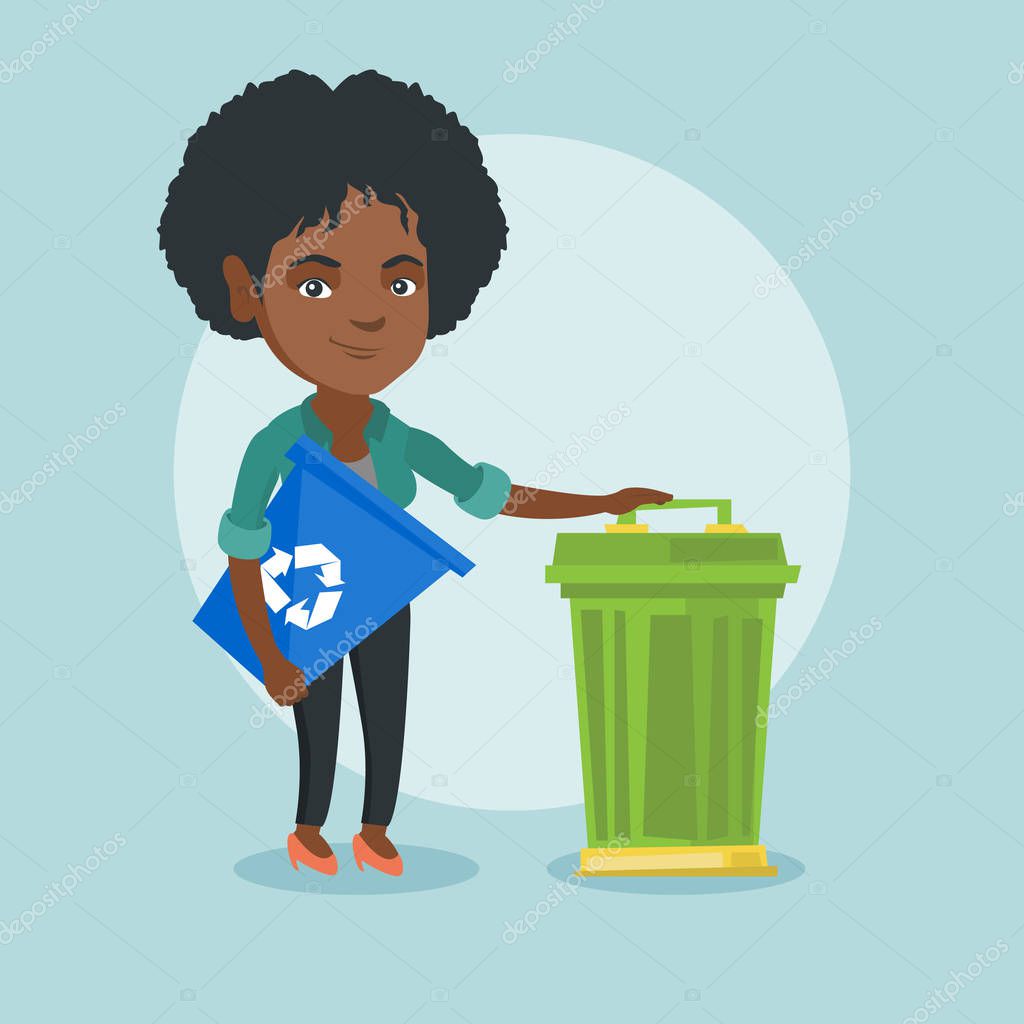 African woman with recycle bin and trash can.