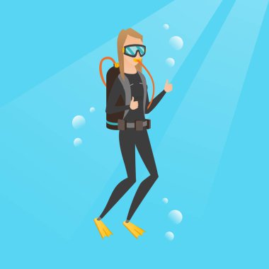 Başparmak vazgeçerek genç beyaz scuba diver.