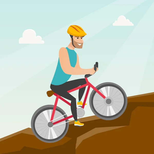 Young man on bicycle traveling in the mountains. — Stock Vector