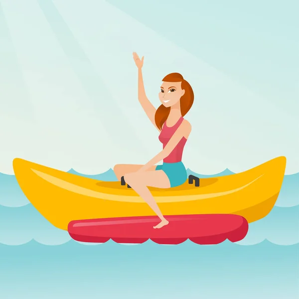 Gelukkig Kaukasische jongedame rijden een bananenboot. — Stockvector