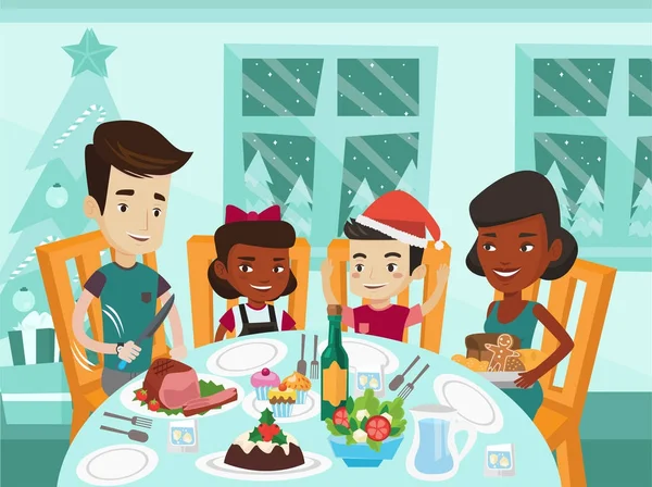 Multietniskt familj firar juldagen. — Stock vektor