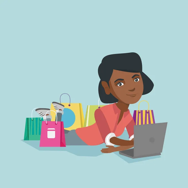 Jeune femme afro-américaine faisant du shopping en ligne — Image vectorielle