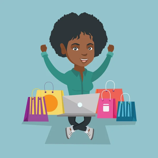 Mujer africana usando un ordenador portátil para compras en línea — Vector de stock