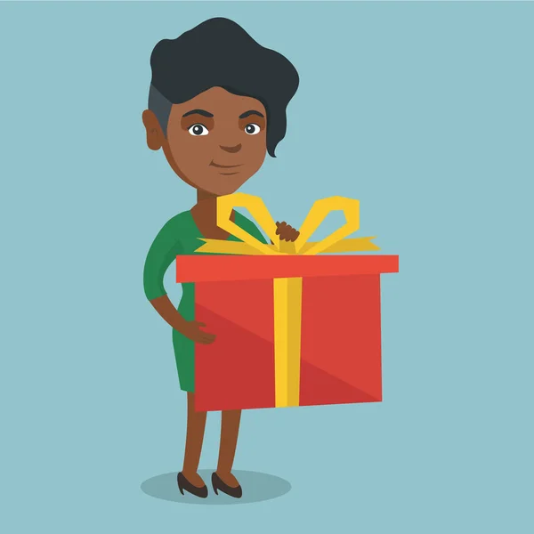Jeune femme africaine tenant une boîte avec un cadeau . — Image vectorielle