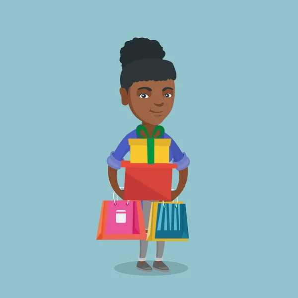 Jeune femme tenant des sacs à provisions et des boîtes-cadeaux . — Image vectorielle