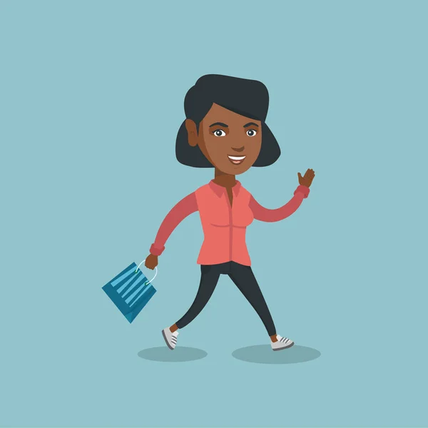 Mujer corriendo a toda prisa a la tienda a la venta . — Vector de stock