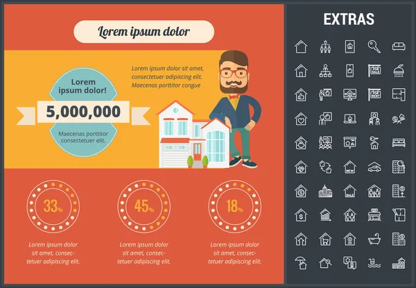 Vastgoed infographic sjabloon, elementen, pictogrammen. — Stockvector