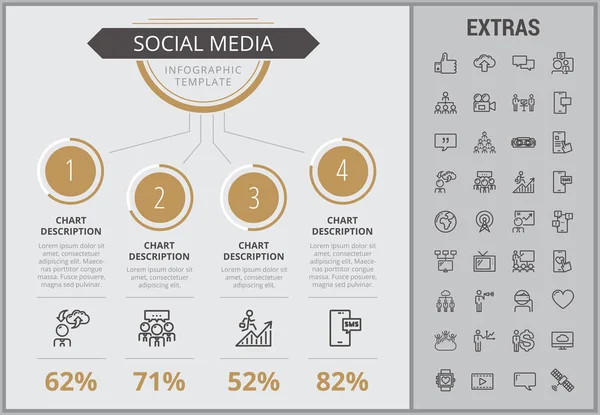Modelo de infográfico de mídia social, elementos, ícones — Vetor de Stock