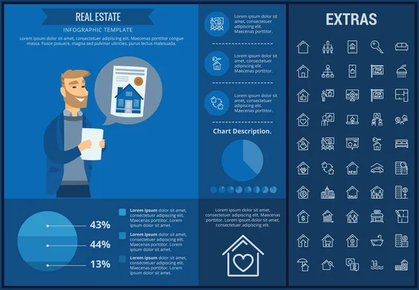 Vastgoed infographic sjabloon, elementen, pictogrammen. — Stockvector