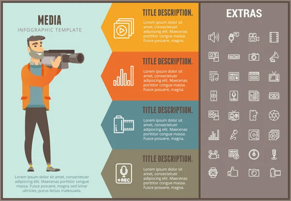 Infographic mediasjabloon, elementen en pictogrammen. — Stockvector