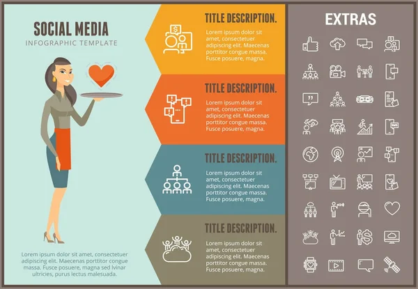 Modelo de infográfico de mídia social, elementos, ícones — Vetor de Stock