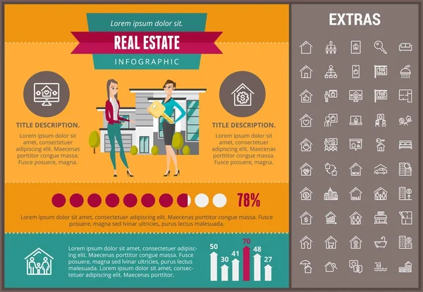 Modelo de infográfico imobiliário, elementos, ícones . — Vetor de Stock