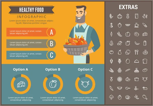 Modelo infográfico de comida saudável, elementos, ícones — Vetor de Stock