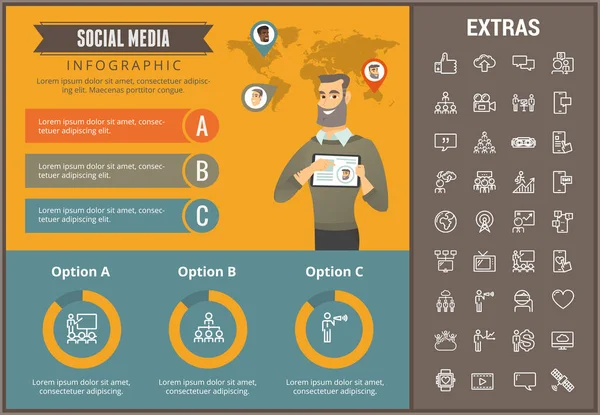 Plantilla de infografía de redes sociales, elementos, iconos — Archivo Imágenes Vectoriales