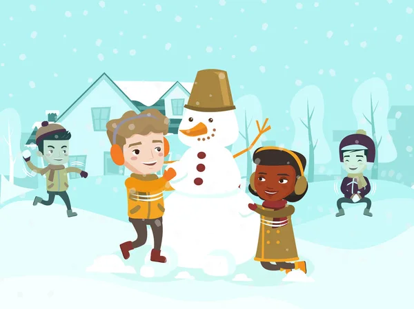 Multicultural children making a snowman. — Stock Illustration Multicultural children making a snowman. Royalty Free Stock Vectors