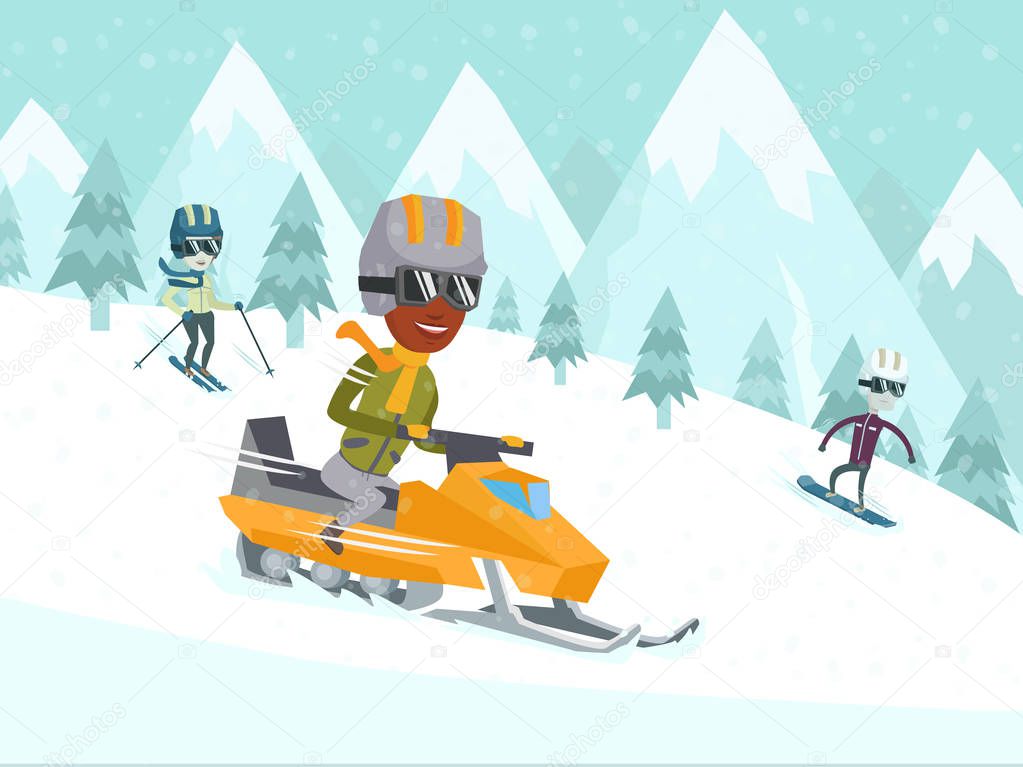 Young african-american man driving snowmobile.