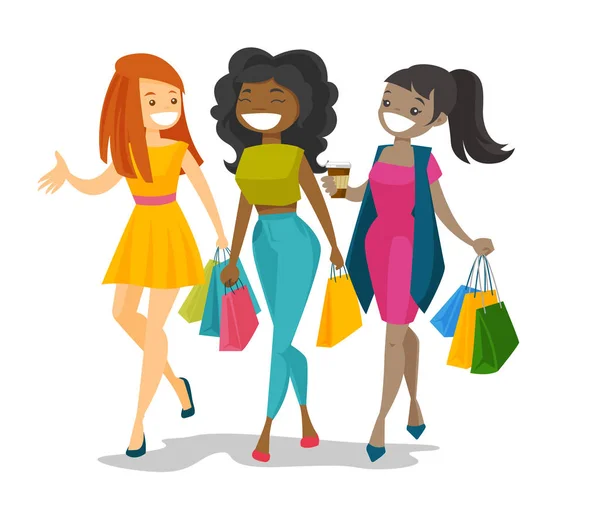 Jeunes femmes multiculturelles heureuses faisant du shopping ensemble . — Image vectorielle