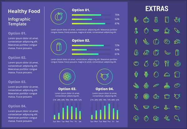 Modelo infográfico de comida saudável, elementos, ícones — Vetor de Stock