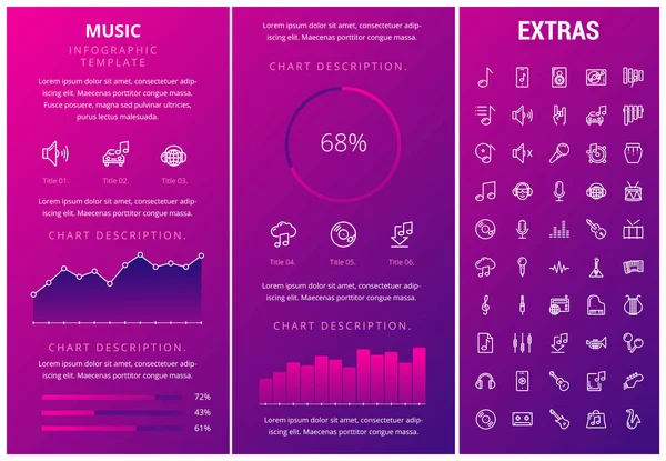 Muziek infographic sjabloon, elementen en pictogrammen. — Stockvector
