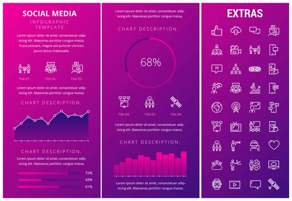 Modelo de infográfico de mídia social, elementos, ícones — Vetor de Stock