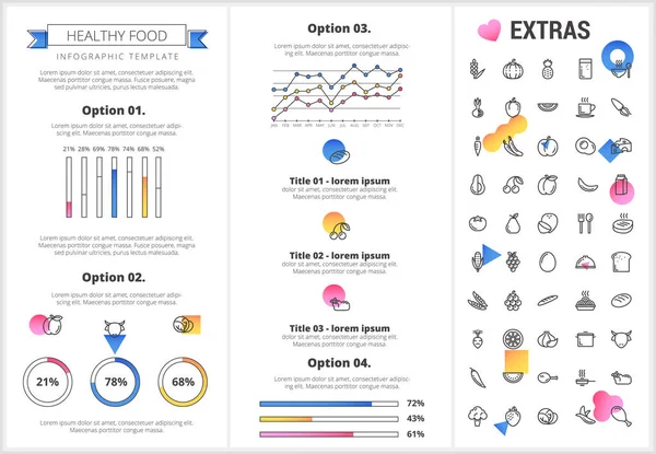 Modelo infográfico de comida saudável, elementos, ícones — Vetor de Stock