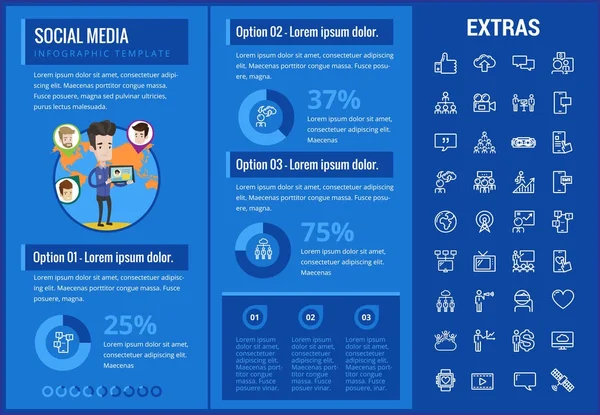 Media społecznościowe infografikę szablon, elementy, ikony — Wektor stockowy