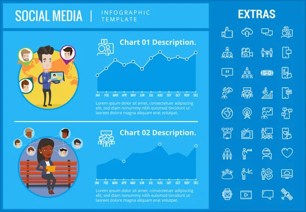 Sociale media infographic sjabloon, elementen, pictogrammen — Stockvector