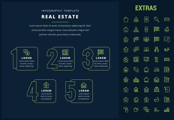 Real estate infografika šablona, prvky, ikony. — Stockový vektor