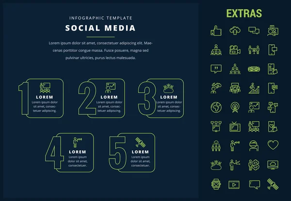 Modello infografico di social media, elementi, icone — Vettoriale Stock