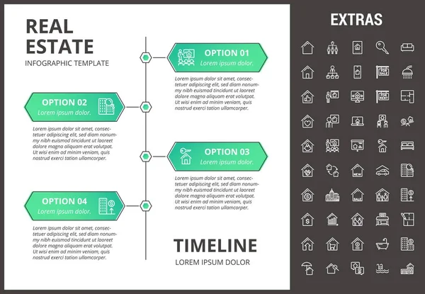 Vastgoed infographic sjabloon, elementen, pictogrammen. — Stockvector