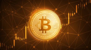 Altın bitcoin madeni para ile boğa hisse senedi grafiği.